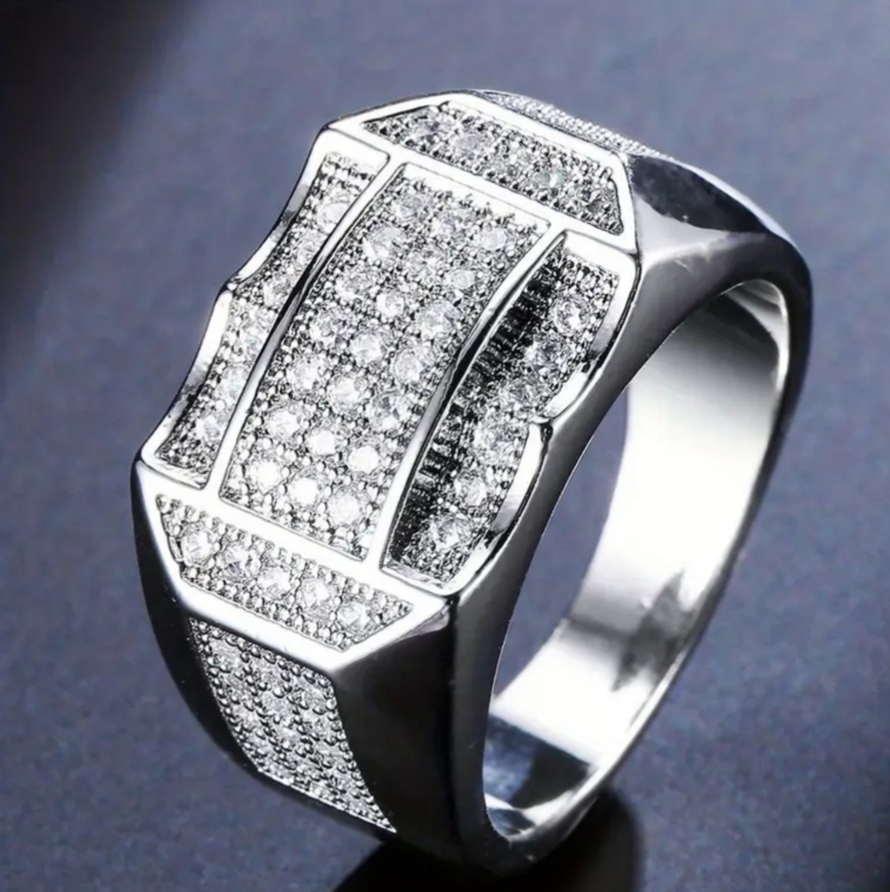 Men's Silver Geometric Diamond Ring Sz 11
